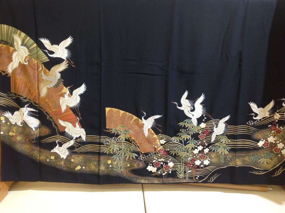 向鶴に流水扇面