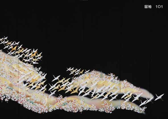 金箔桜に光淋鶴